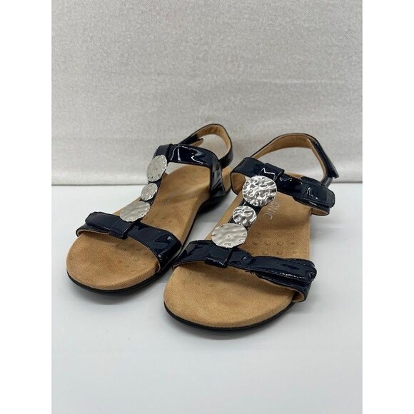 Vionic Farra Sandals Womens Size 7.5 Navy Blue Patent Strappy Slide - Picture 1 of 6